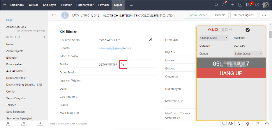 zoho crm alotech arama yapma