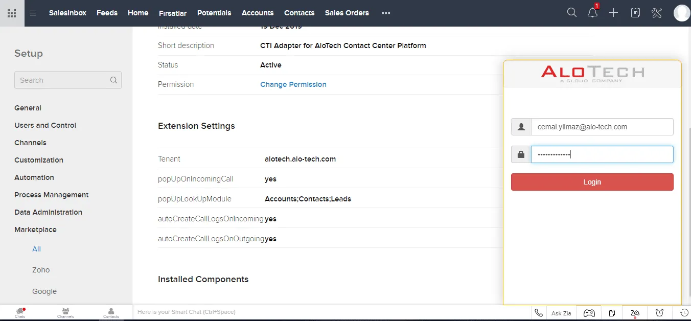 zoho crm alotech çağrı merkerzi entegrasyonu