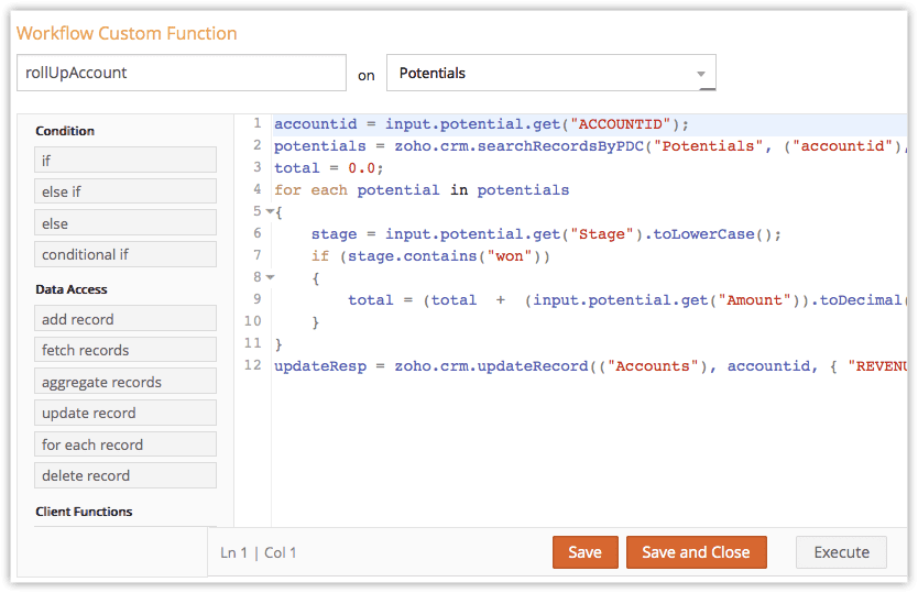 zoho crm custom functions