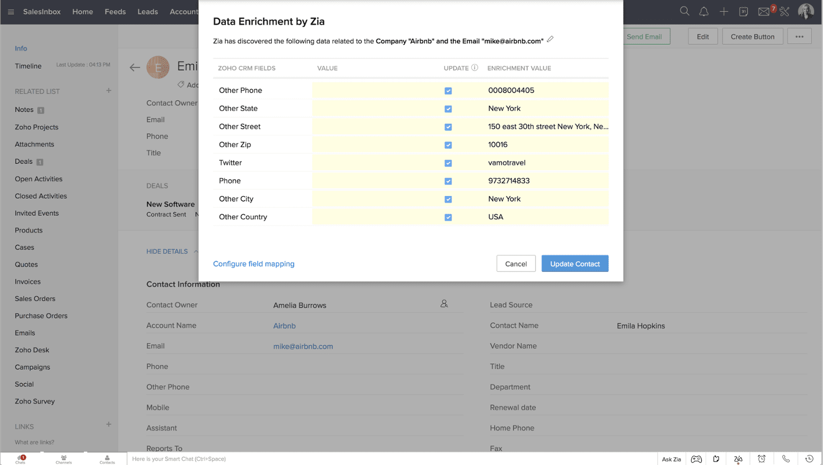 zoho crm zia veri zenginleştirme