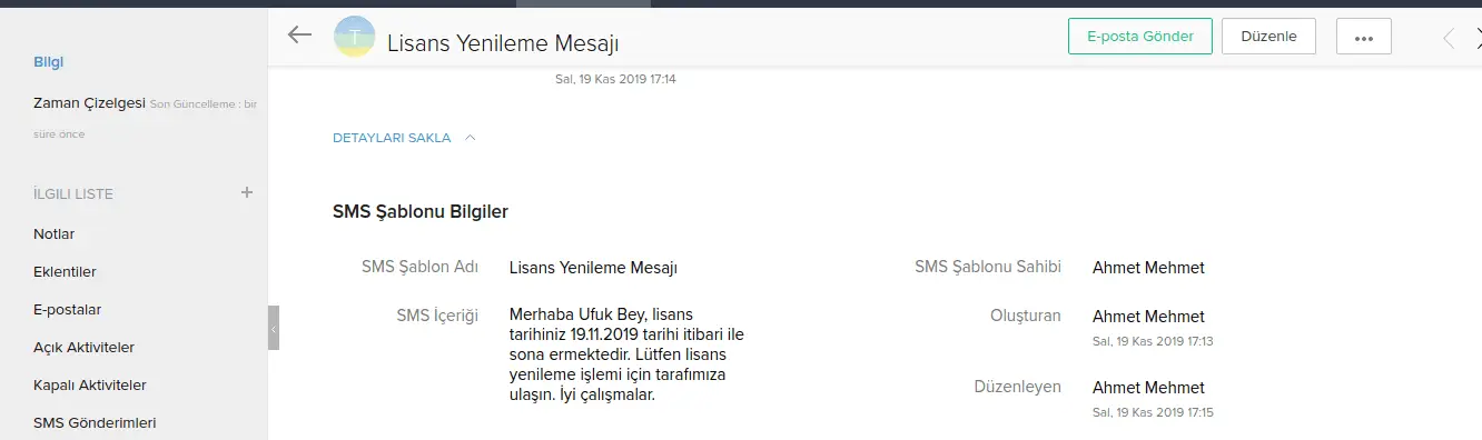 sms flex zoho crm kişiye özel sms