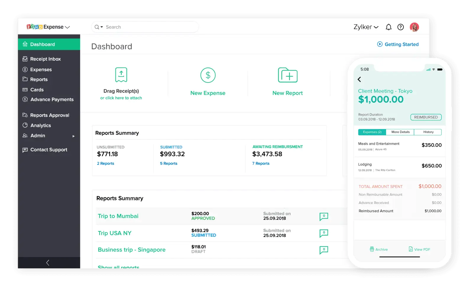 zoho expense dashboard