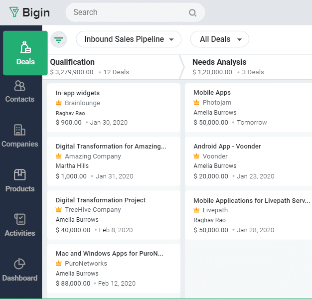 zoho bigin masa üstü görünümü
