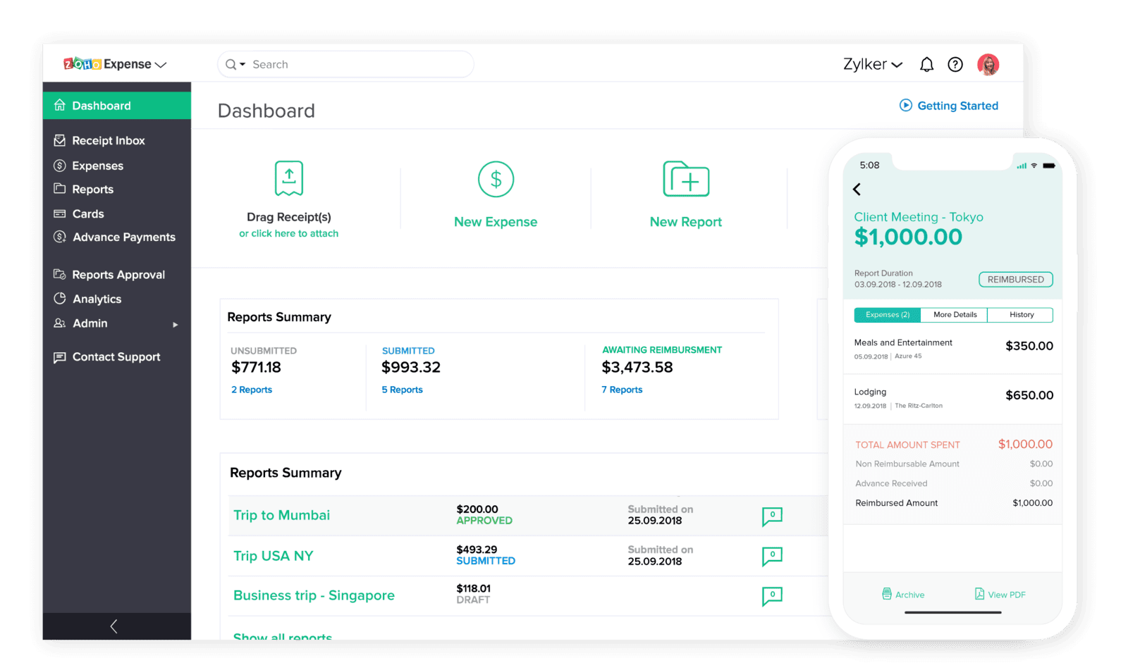 zoho expense dashboard