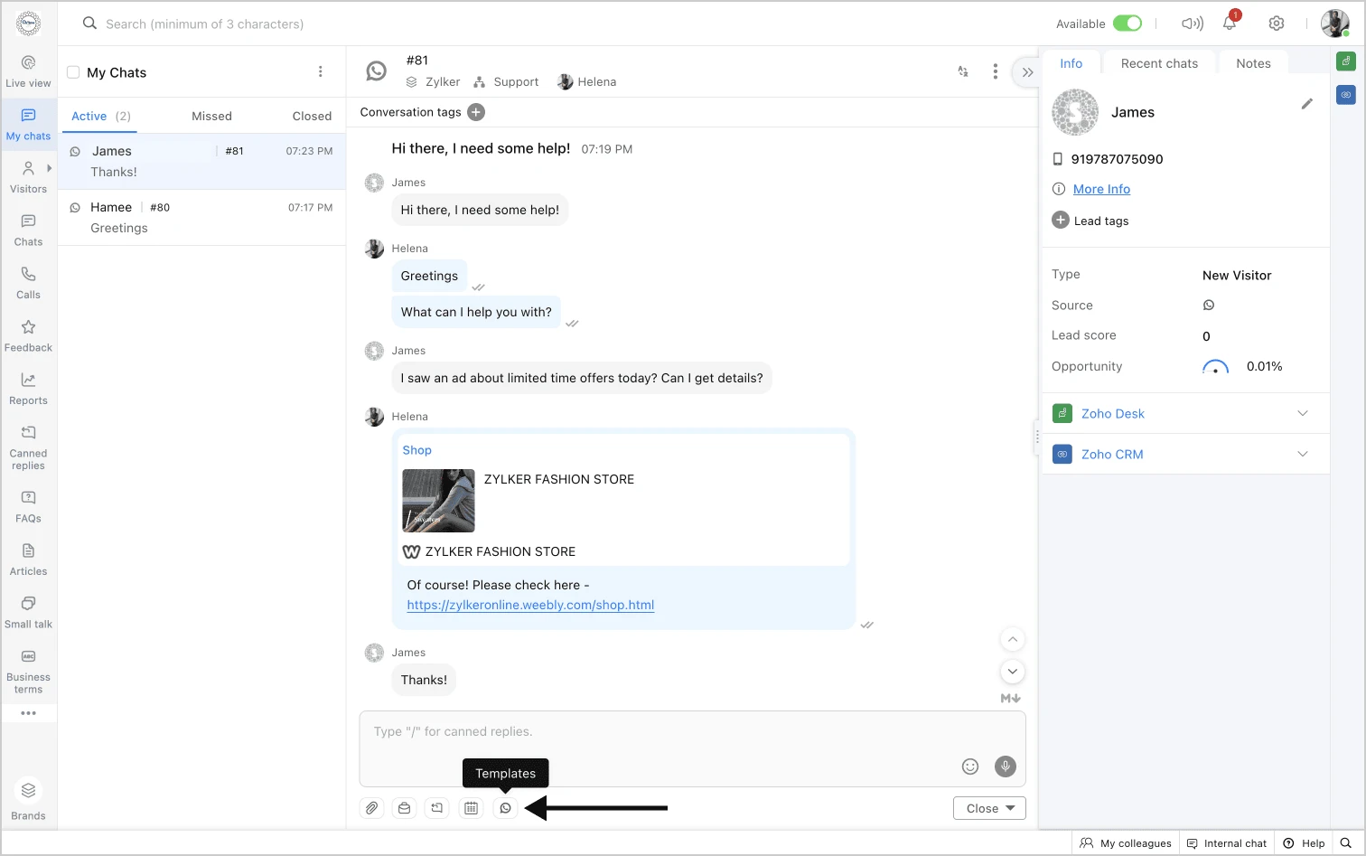 zoho whatsapp entegrasyonu