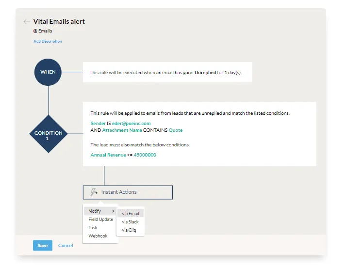 zoho crm iş akışları e-posta aksiyonları