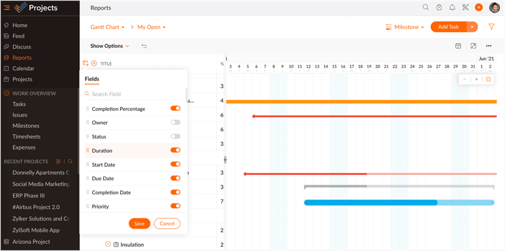 Gantt şeması sütun değiştirme