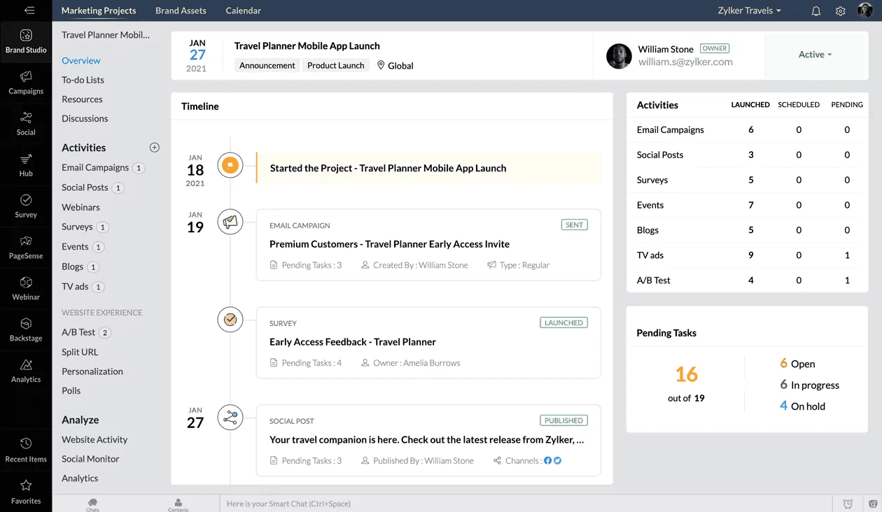 Zoho Marketing Plus ile strateji sürecinde ihtiyaç duyabileceğiniz her türlü fonksiyona erişin.