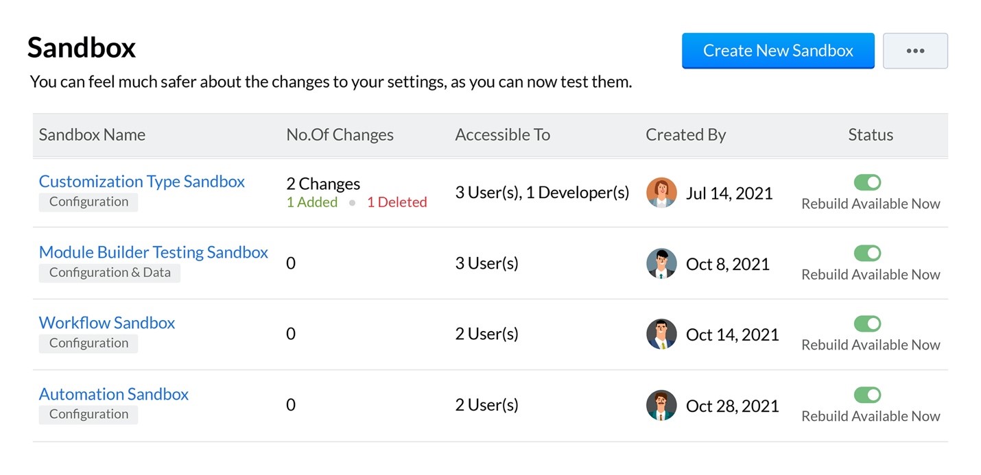 zoho crm sandbox test ortamı