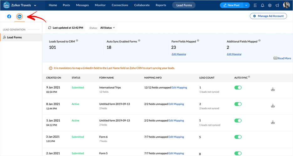 zoho social linkedin ads entegrasyonu